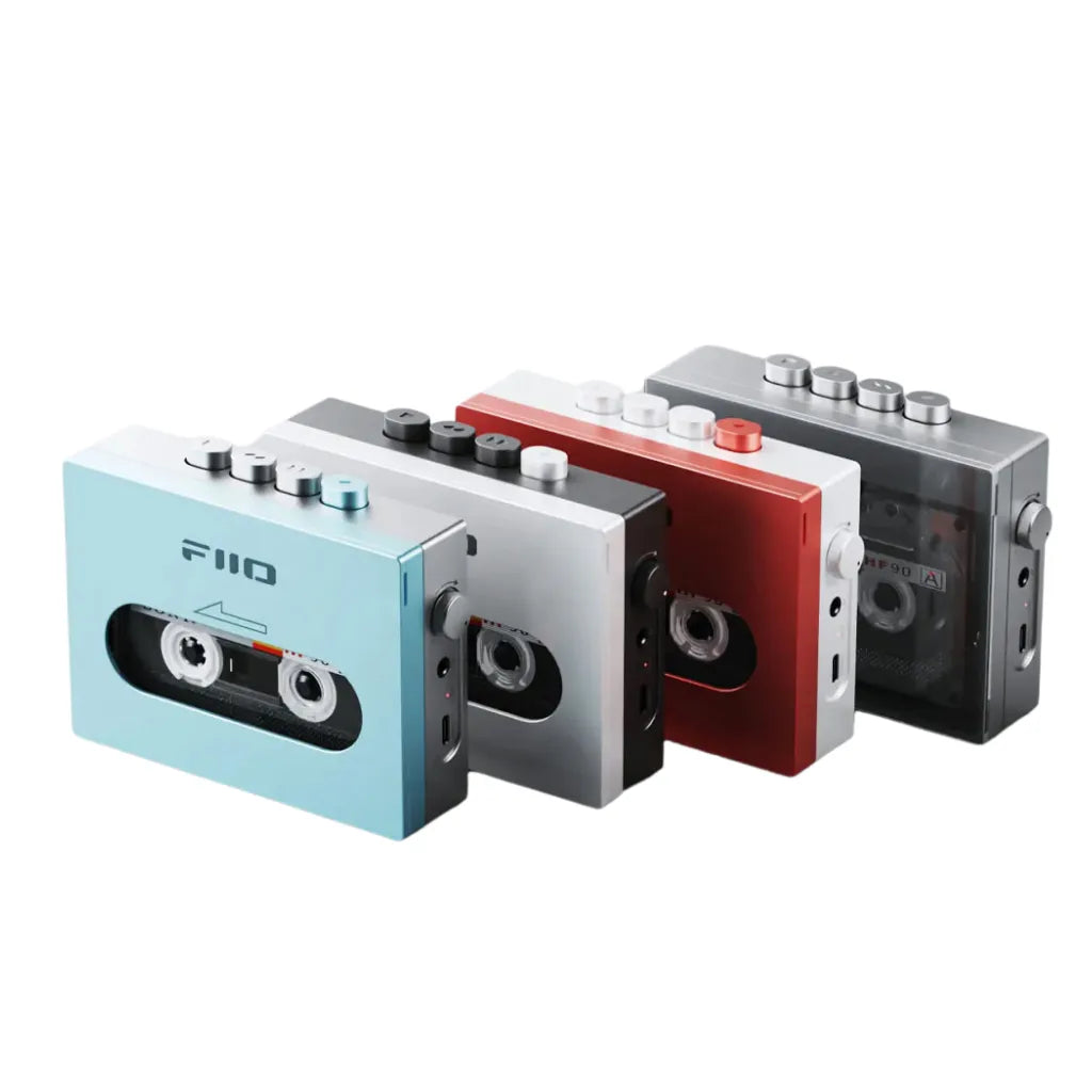 A collection of FiiO CP13 portable stereo cassette tape players in various colors including blue, red, and gray.
