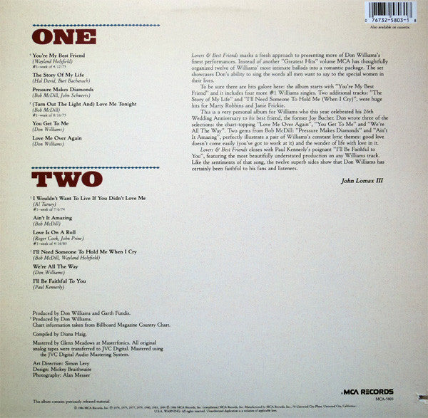 Don Williams (2) – Lovers And Best Friends (Used) (Mint Condition) Vinyl