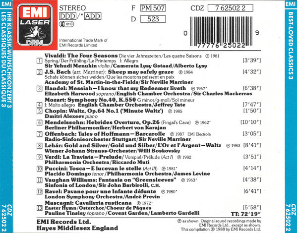 Various – Best - Loved Classics 3 (Ihr Klassik-Wunschkonzert 3 · Les Classiques Du Classique 3) (Used) (Mint Condition)