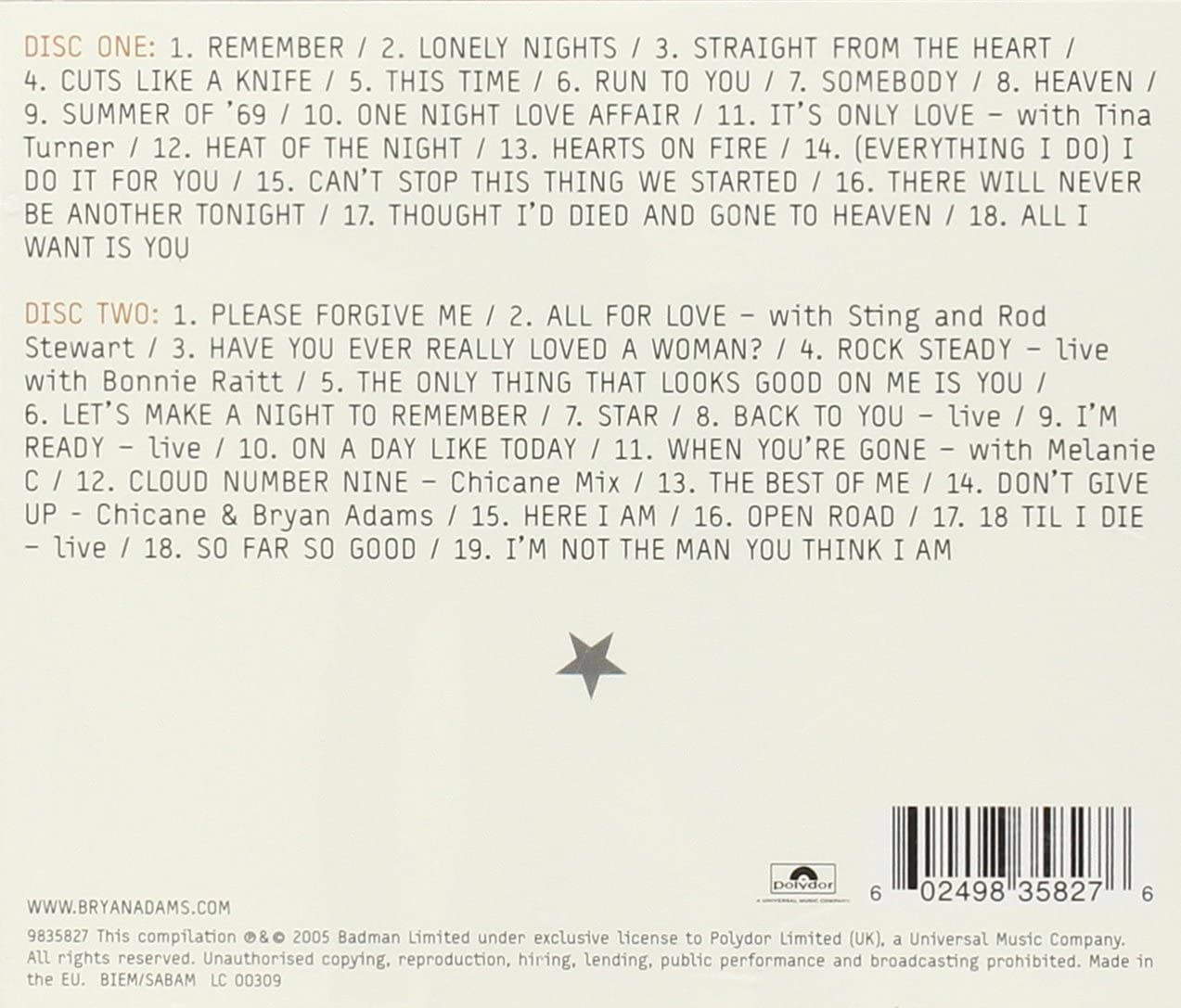 Bryan Adams – Anthology (Used) (Mint Condition) 2 Discs