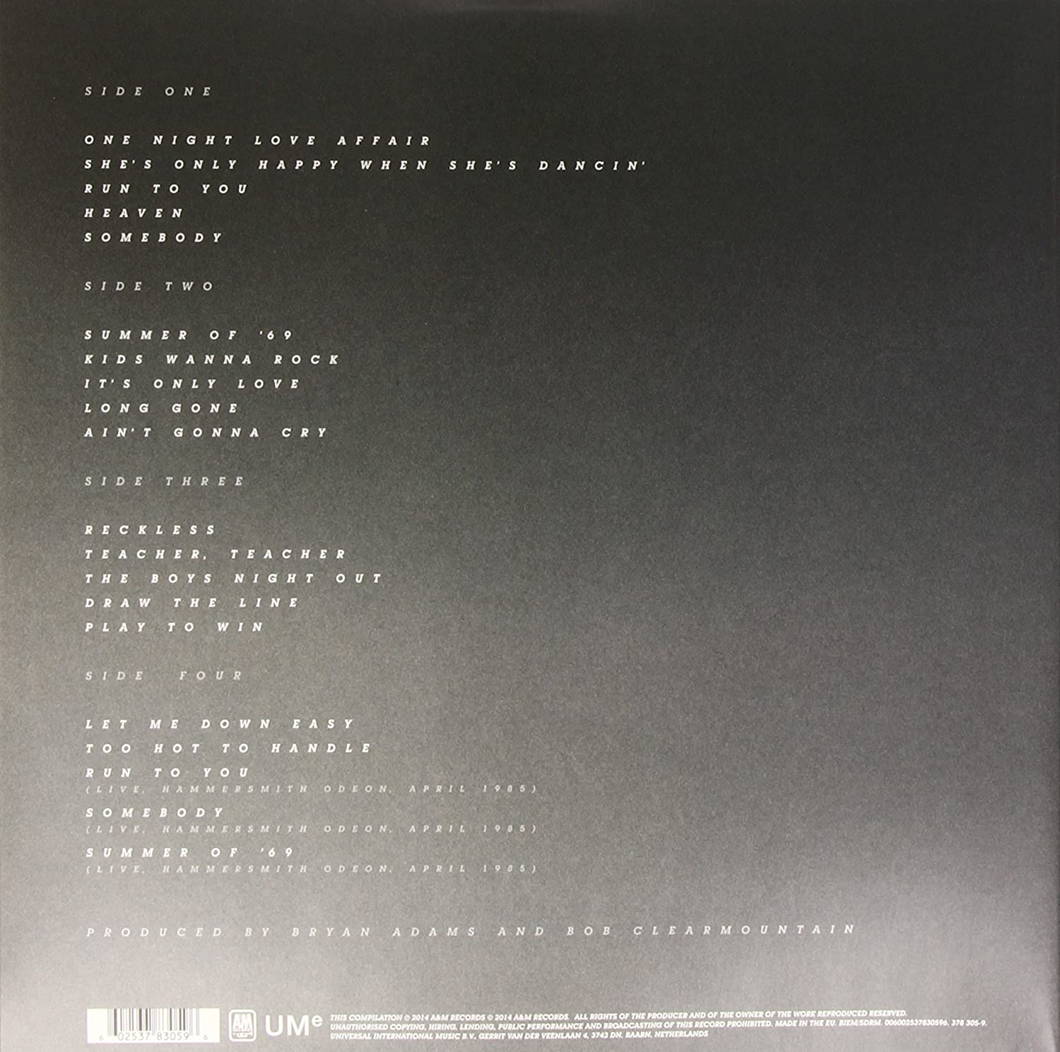 Bryan Adams - Reckless (Used) (Mint Condition)