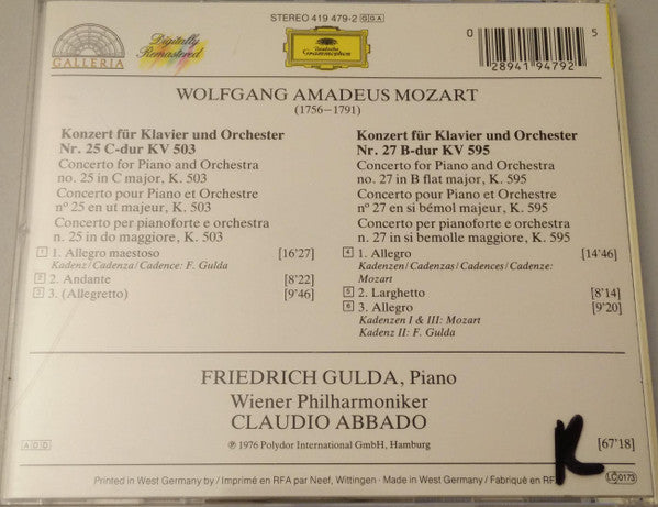 Wolfgang Amadeus Mozart, Friedrich Gulda, Wiener Philharmoniker, Claudio Abbado – Klavierkonzerte Nr. 25 & 27 (Used) (Mint Condition)