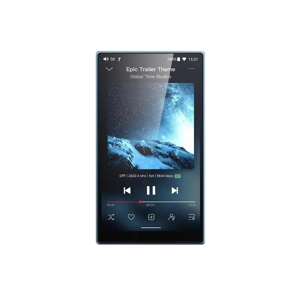 A FiiO JM21 Portable Hi-Res Lossless Music Player displaying a song playing on its screen.