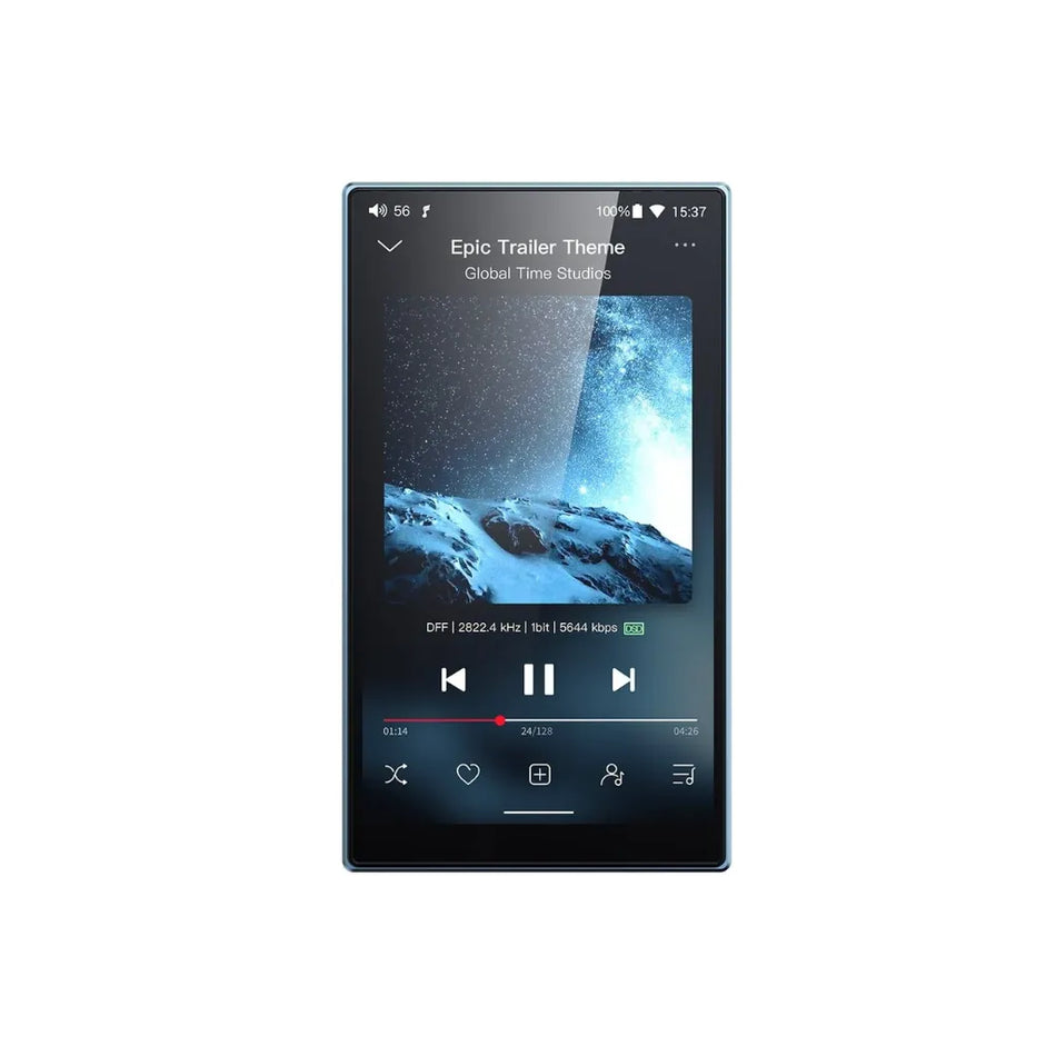 A FiiO JM21 Portable Hi-Res Lossless Music Player displaying a song playing on its screen.