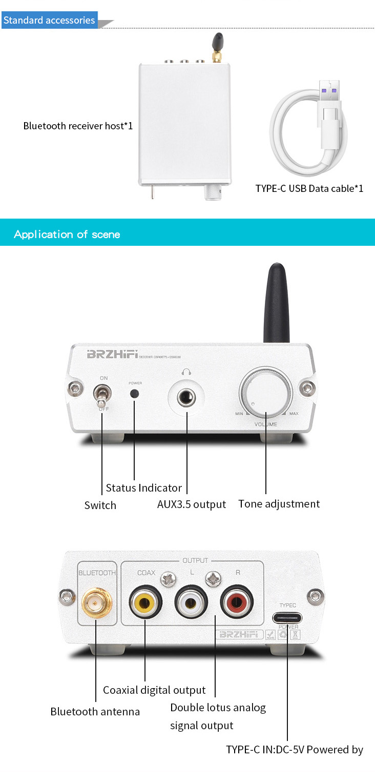 BRZ HiFi Bluetooth Audio Power Amplifier & Receiver DAC-BR20-B