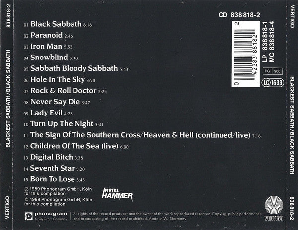 Black Sabbath – Blackest Sabbath/Black Sabbath 1970-1987 (Used) (Mint Condition) CD