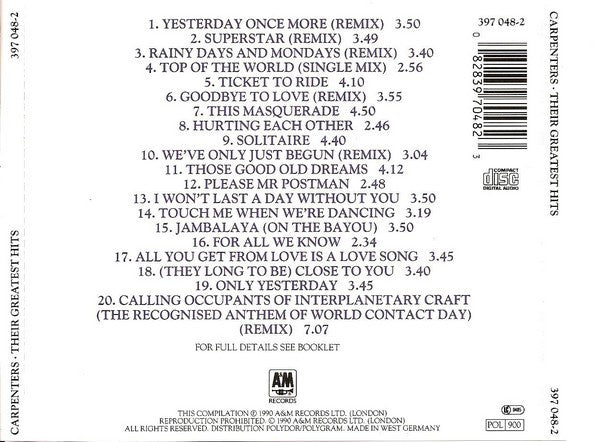 Carpenters – Their Greatest Hits (Used) (Mint Condition) CD
