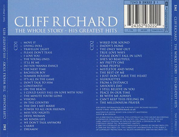 Cliff Richard – The Whole Story - His Greatest Hits 2 Discs (Used) (Mint Condition) CD