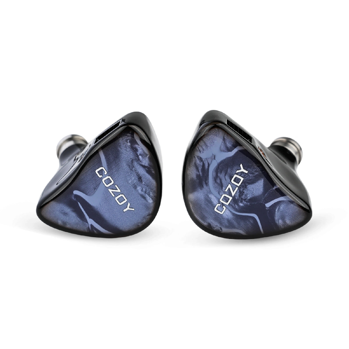 COZOY D2 in-ear monitors, front view showing blue marble-pattern faceplates and 2-pin sockets