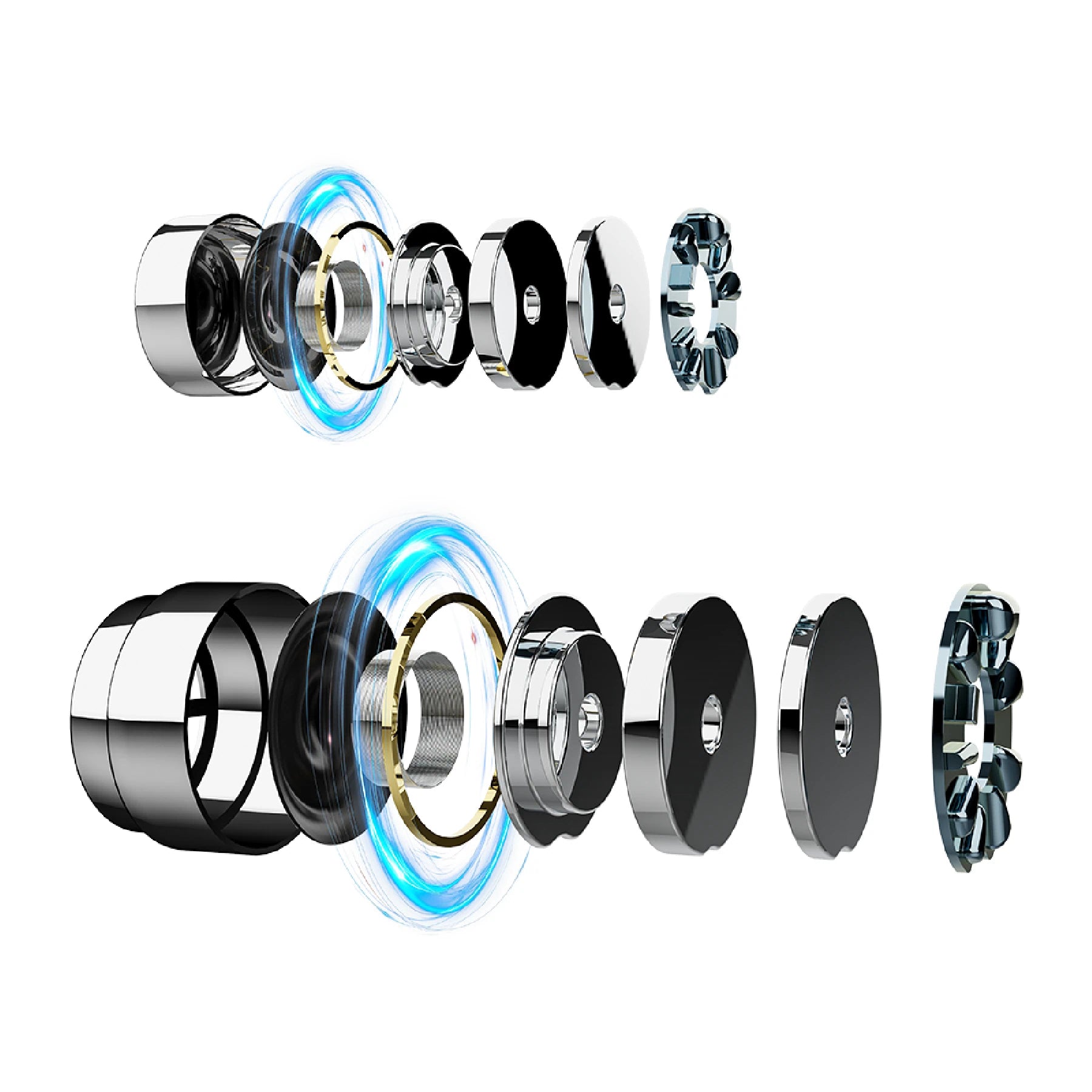 COZOY D2 dual dynamic drivers shown in an exploded view of their internal components
