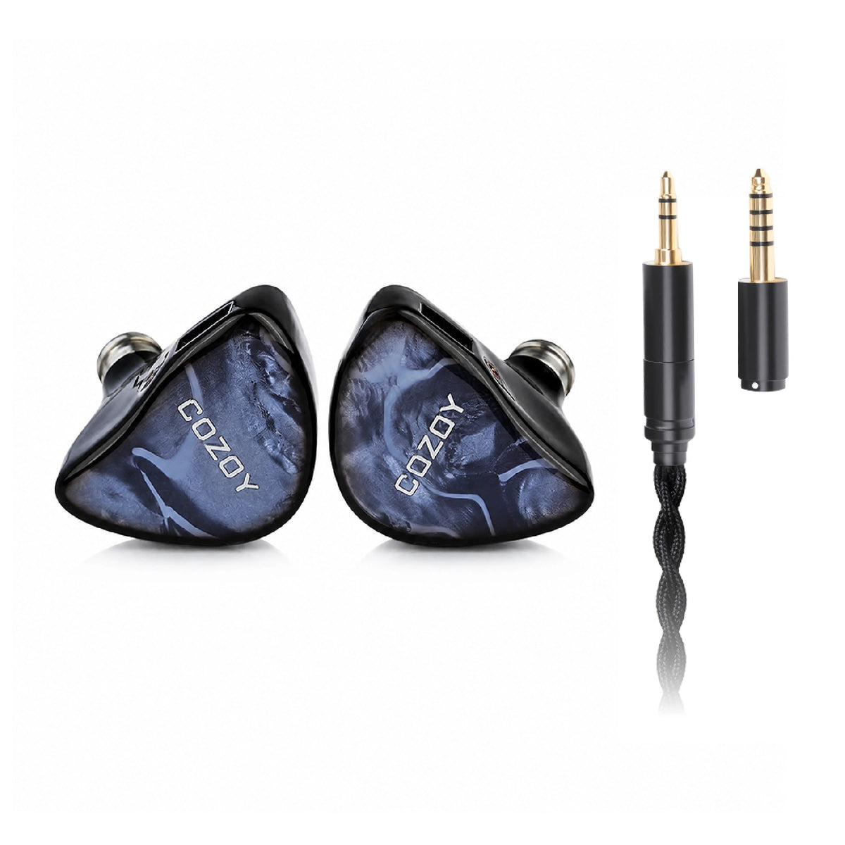 COZOY D2 in-ear monitors with braided cable and interchangeable 3.5mm and 4.4mm plugs