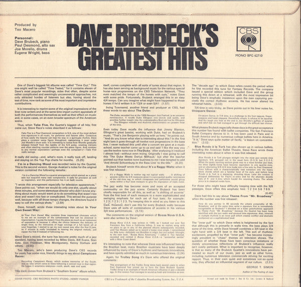Dave Brubeck – Dave Brubeck's Greatest Hits (Used) (Mint Condition) - Vinyl