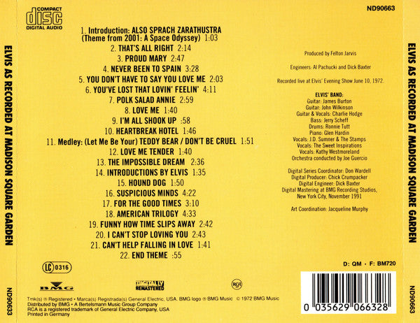 Elvis As Recorded At Madison Square Garden (Used) (Mint Condition) CD