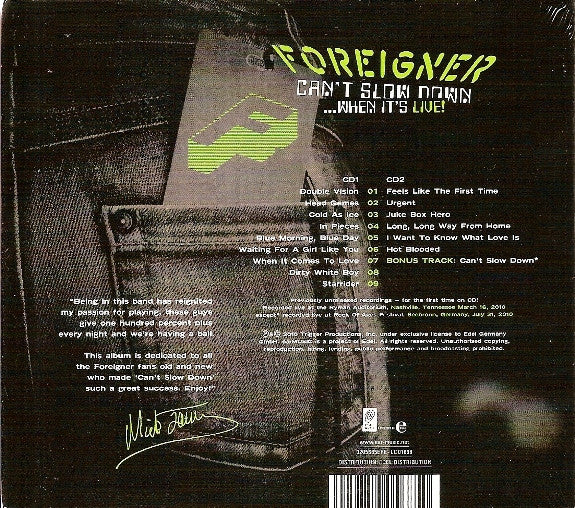 Foreigner – Can't Slow Down...When It's Live!  2 Discs (Used) (Mint Condition) - CD