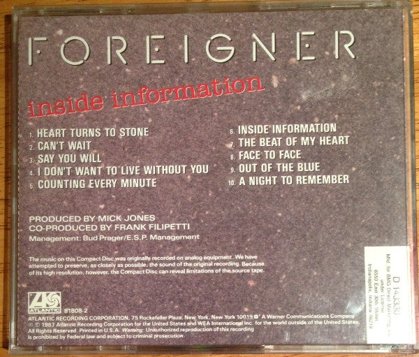 Foreigner - Inside Information (Used) (Mint Condition) CD