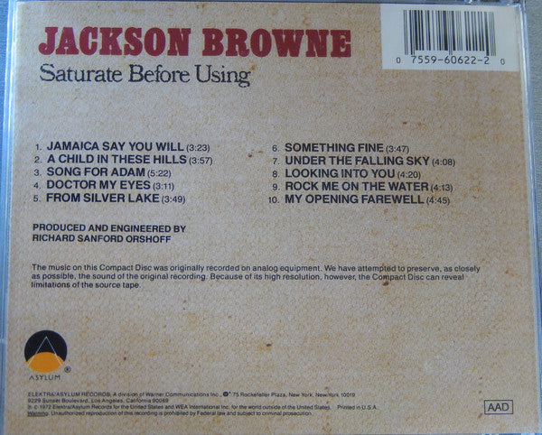 Jackson Browne – Saturate Before Using (Used) (Mint Conditon) CD