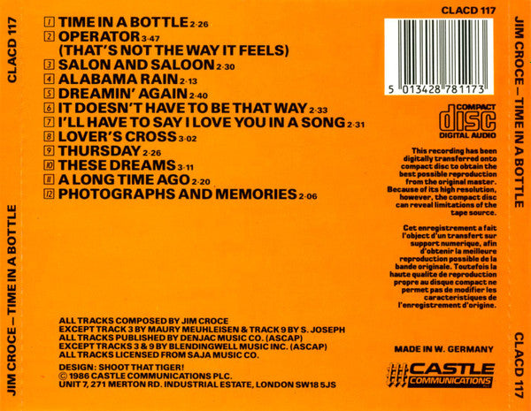Jim Croce – Time In A Bottle (Jim Croce's Greatest Love Songs) (Used) (Mint Condition) CD