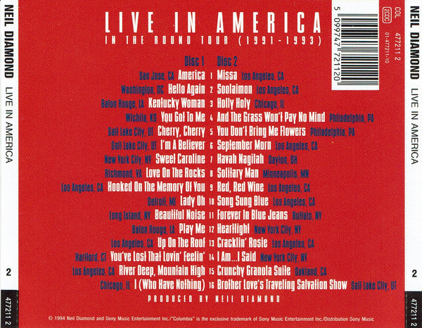 Neil Diamond – Live In America - In The Round Tour (1991-1993) 2 Discs (Used) (Mint Condition) CD