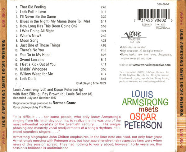 Louis Armstrong, Oscar Peterson – Louis Armstrong Meets Oscar Peterson (Used) (Mint Condition) CD
