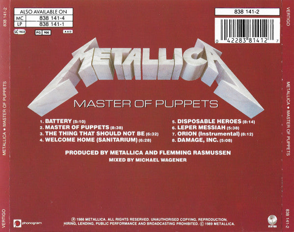 Metallica-Master Of Puppets (Used) (Mint Condition) CD