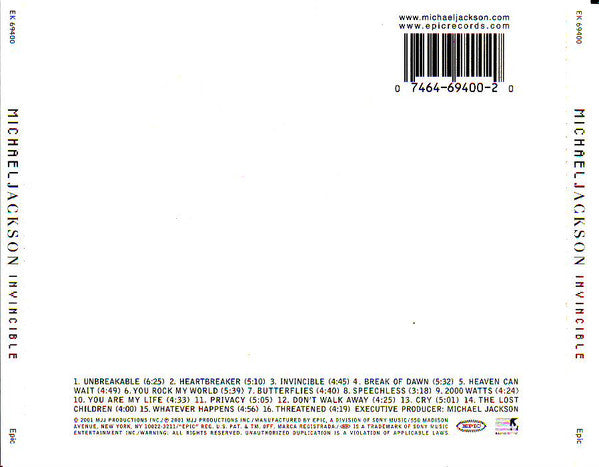 Michael Jackson – Invincible (Used) (Mint Condition) CD