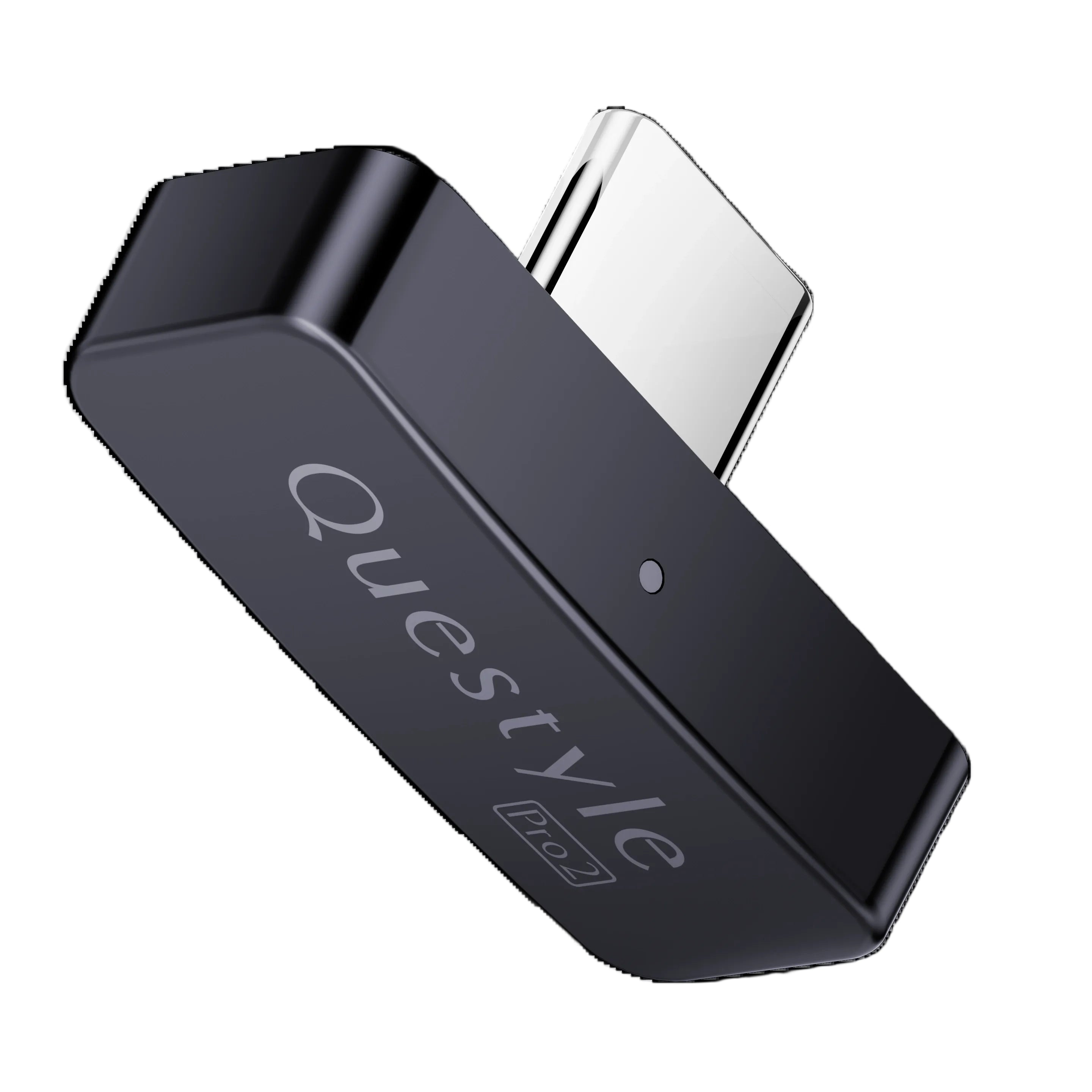 A black Questyle USB-C to USB-C adapter with a silver metallic plug, shown at an angle on a plain white background.