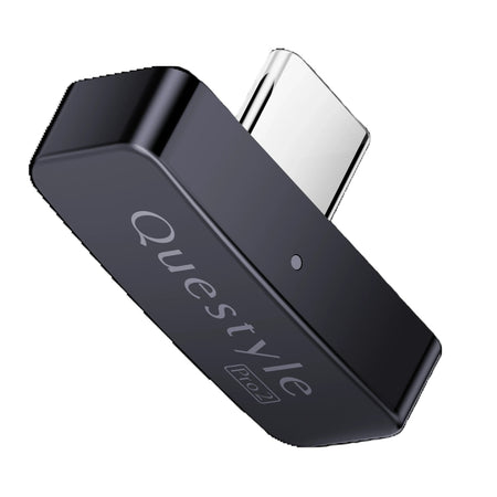 A black Questyle USB-C to USB-C adapter with a silver metallic plug, shown at an angle on a plain white background.