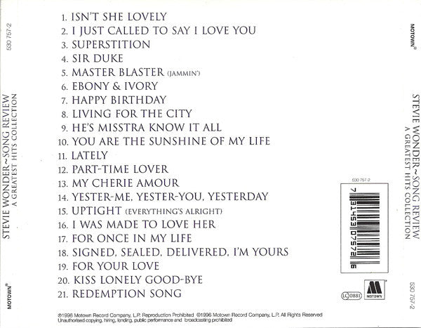 Stevie Wonder – Song Review - A Greatest Hits Collection (Used) (Mint Condition)