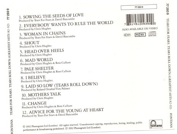 Tears For Fears – Tears Roll Down (Greatest Hits 82-92) (Used) (Mint Condition) CD