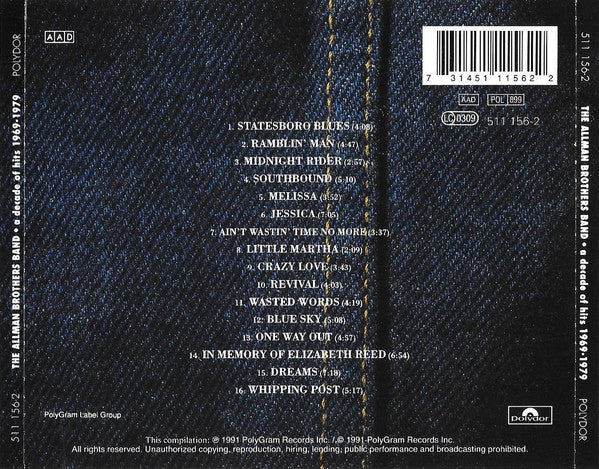 The Allman Brothers Band – A Decade Of Hits 1969 - 1979 (Used) (Mint Condition) CD
