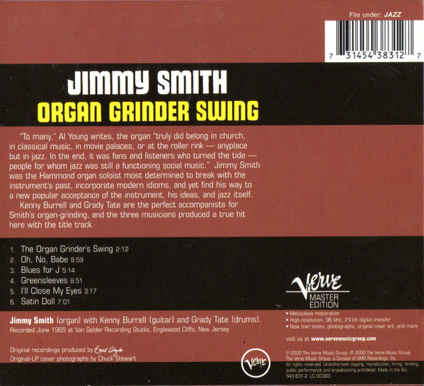 The Incredible Jimmy Smith* Featuring Kenny Burrell And Grady Tate - Organ Grinder Swing (Used) (Mint Condition) CD