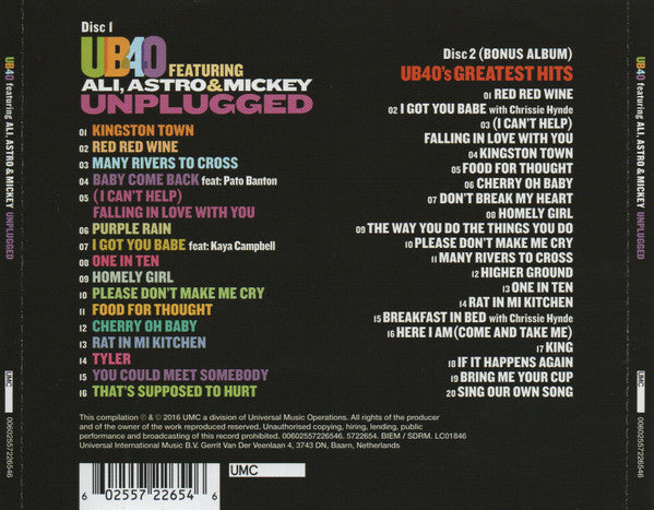 UB40 (2) Featuring Ali*, Astro* & Mickey* – Unplugged 2 Discs (Used) (Mint Condition) CD