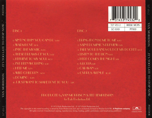 Van Morrison – It's Too Late To Stop Now 2 Discs (Used) (Mint Condition) CD