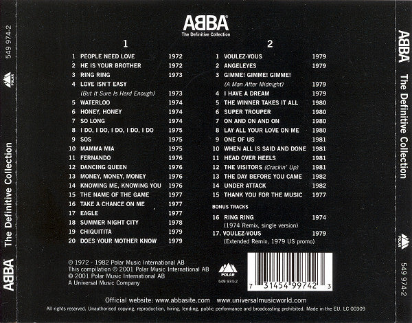 ABBA – The Definitive Collection - 2 Discs (Used) (Mint Condition) CD