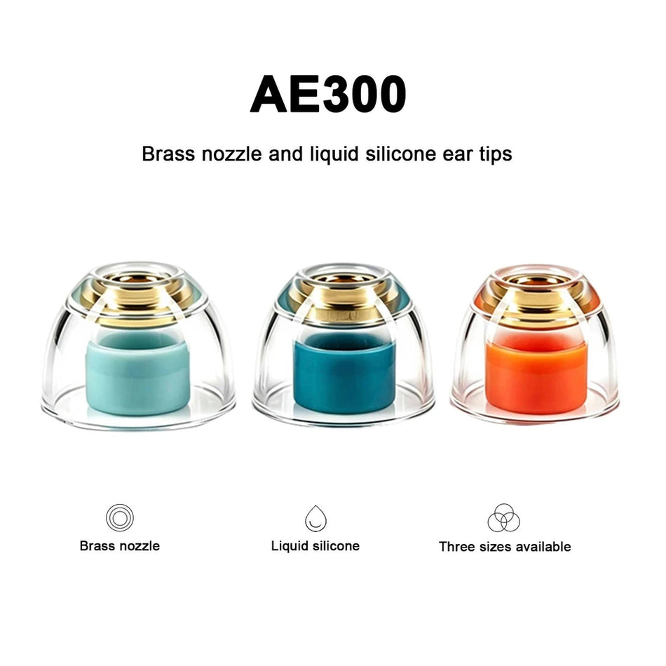 Angel Ears AE300 brass nozzle liquid silicone hybrid eartips in small, medium and large on a white background