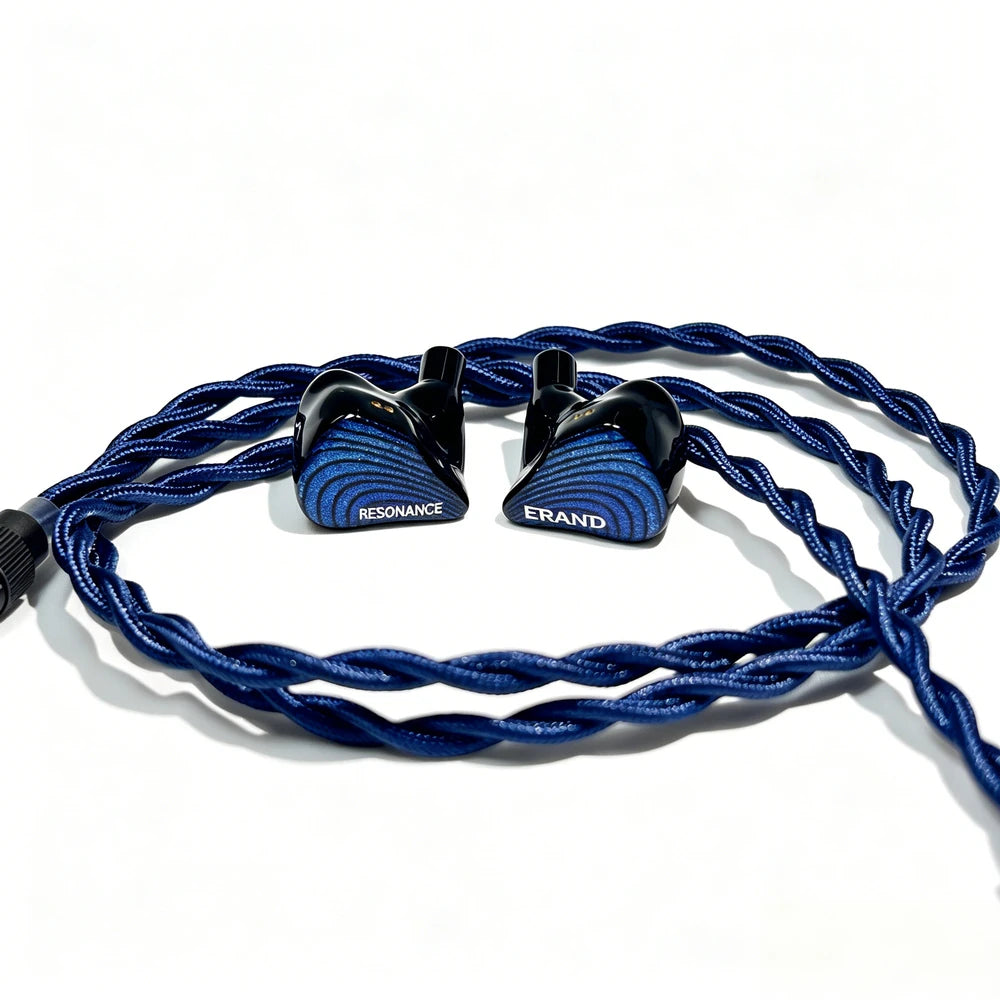 ERAND Resonance 5 in-ear monitors in Blue with braided cable, front view on a white background