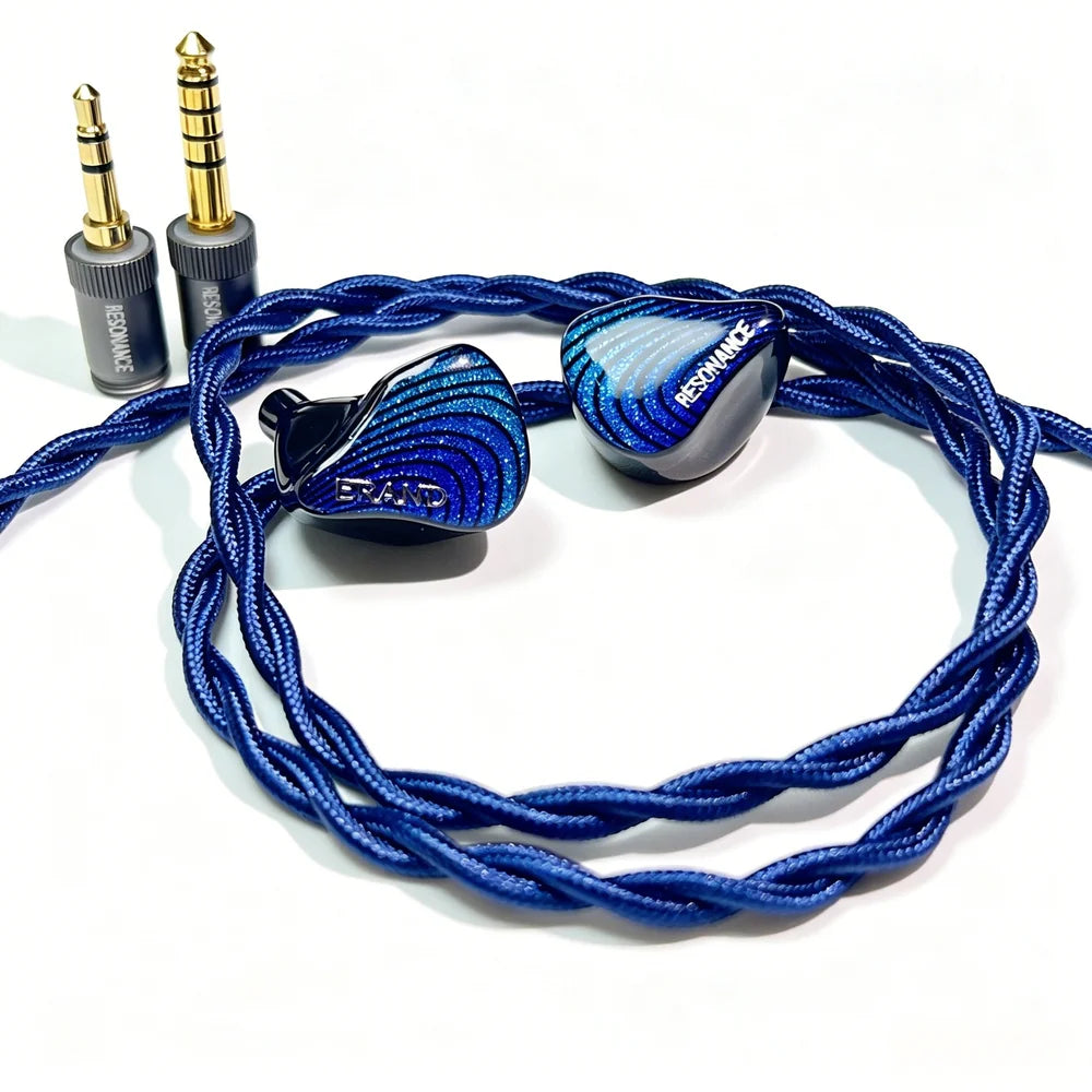 ERAND Resonance 5 Blue earphones with braided cable and swappable 3.5mm and 4.4mm plugs on a white background