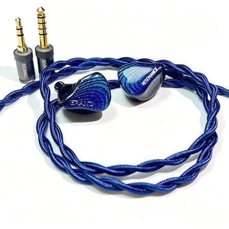 ERAND Resonance 5 Blue earphones with braided cable and swappable 3.5mm and 4.4mm plugs on a white background