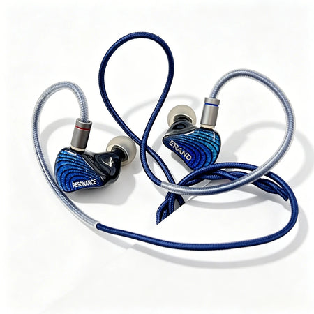 ERAND Resonance 5 Blue earphones with detachable braided 2-pin cable on a white background