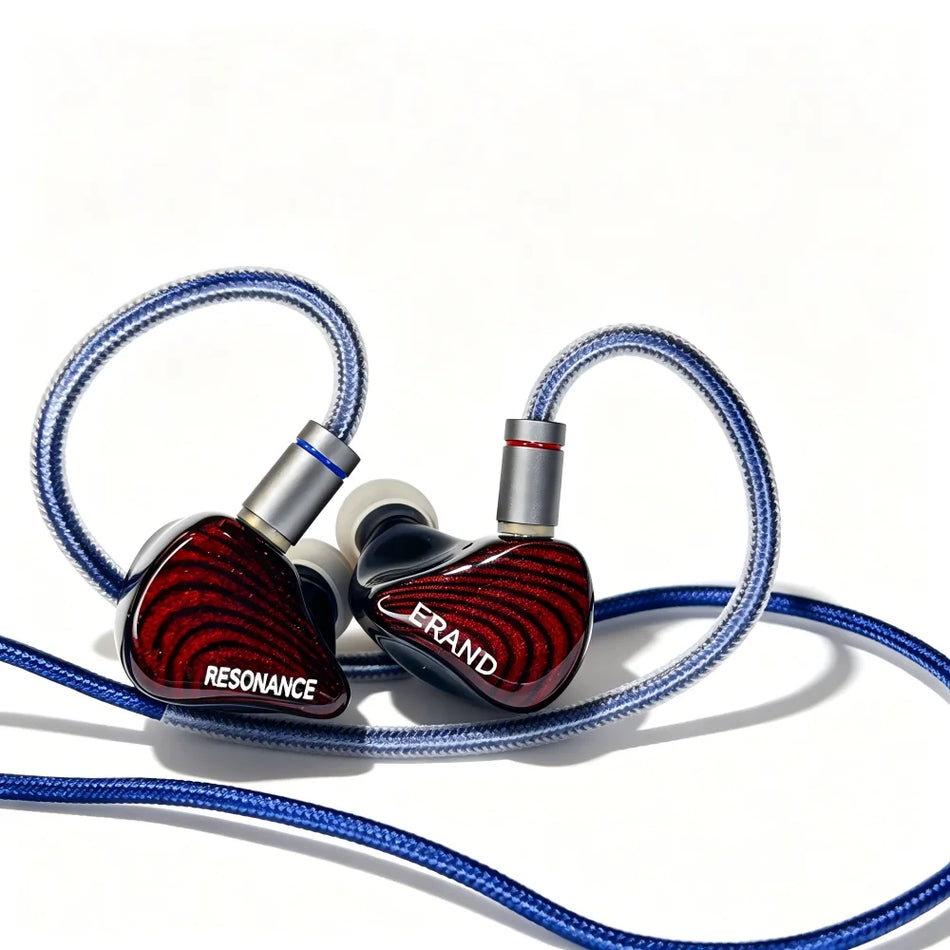 ERAND Resonance 5 in-ear monitors in Red with blue braided cable, front view on a white background