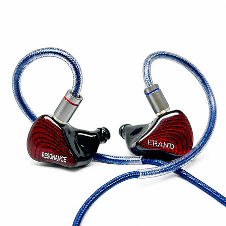 ERAND Resonance 5 Red in-ear monitors with blue braided cable on a white background