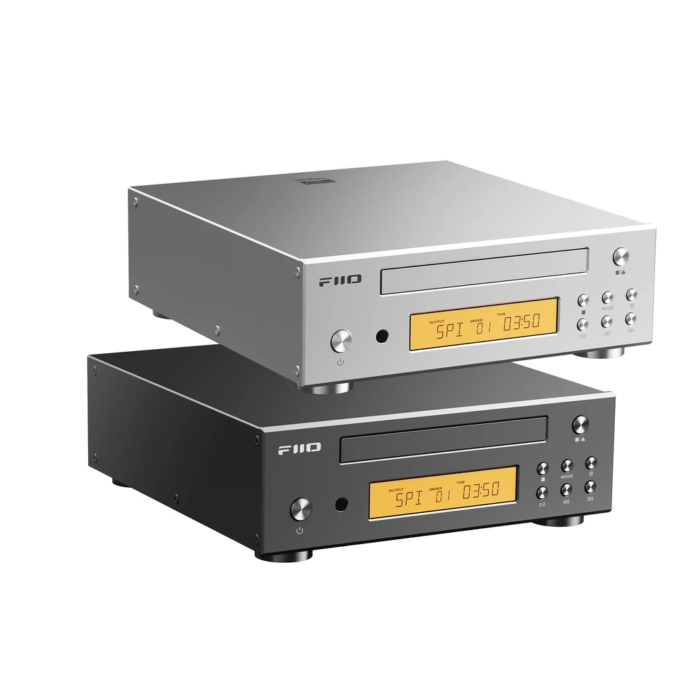 FiiO DP11 desktop CD player in black and silver, stacked
