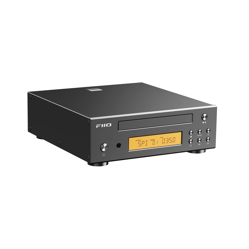 FiiO DP11 desktop CD player in black, front angle view on a white background