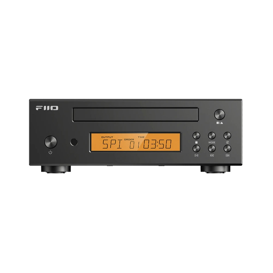FiiO DP11 black CD player front panel with LCD display and disc tray