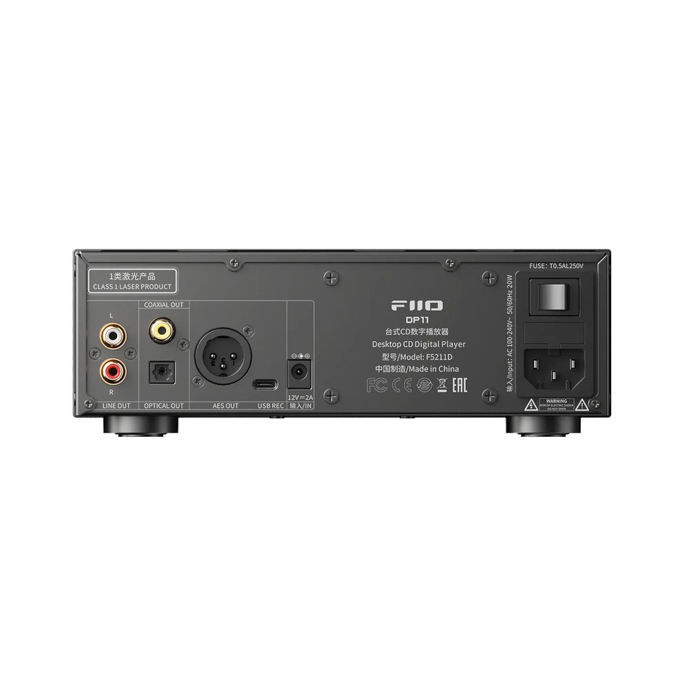 FiiO DP11 black rear panel with RCA line out, coaxial, optical, AES, USB-C and power inputs