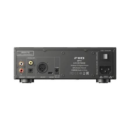FiiO DP11 black rear panel with RCA line out, coaxial, optical, AES, USB-C and power inputs