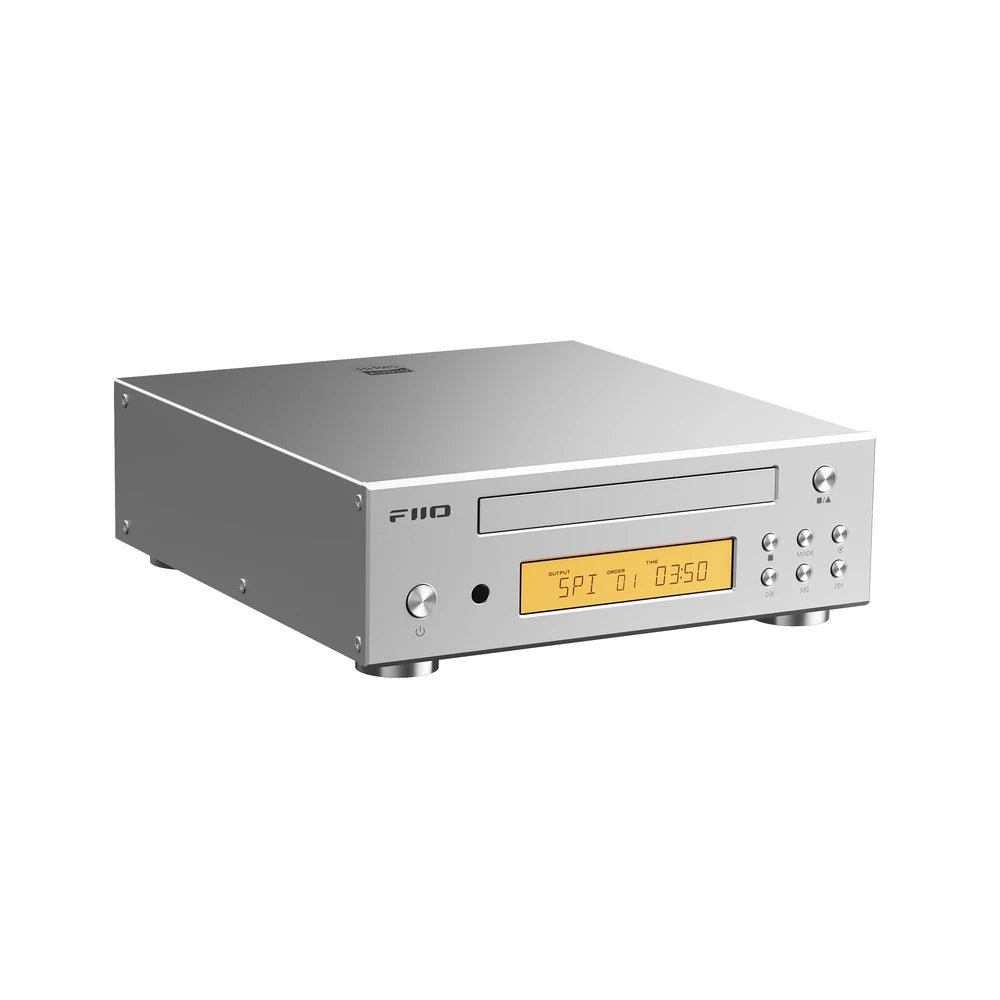 FiiO DP11 desktop CD player in silver, front angle view on a white background