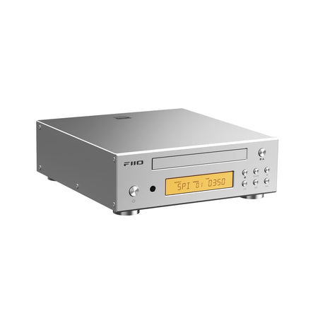 FiiO DP11 desktop CD player in silver, front angle view on a white background