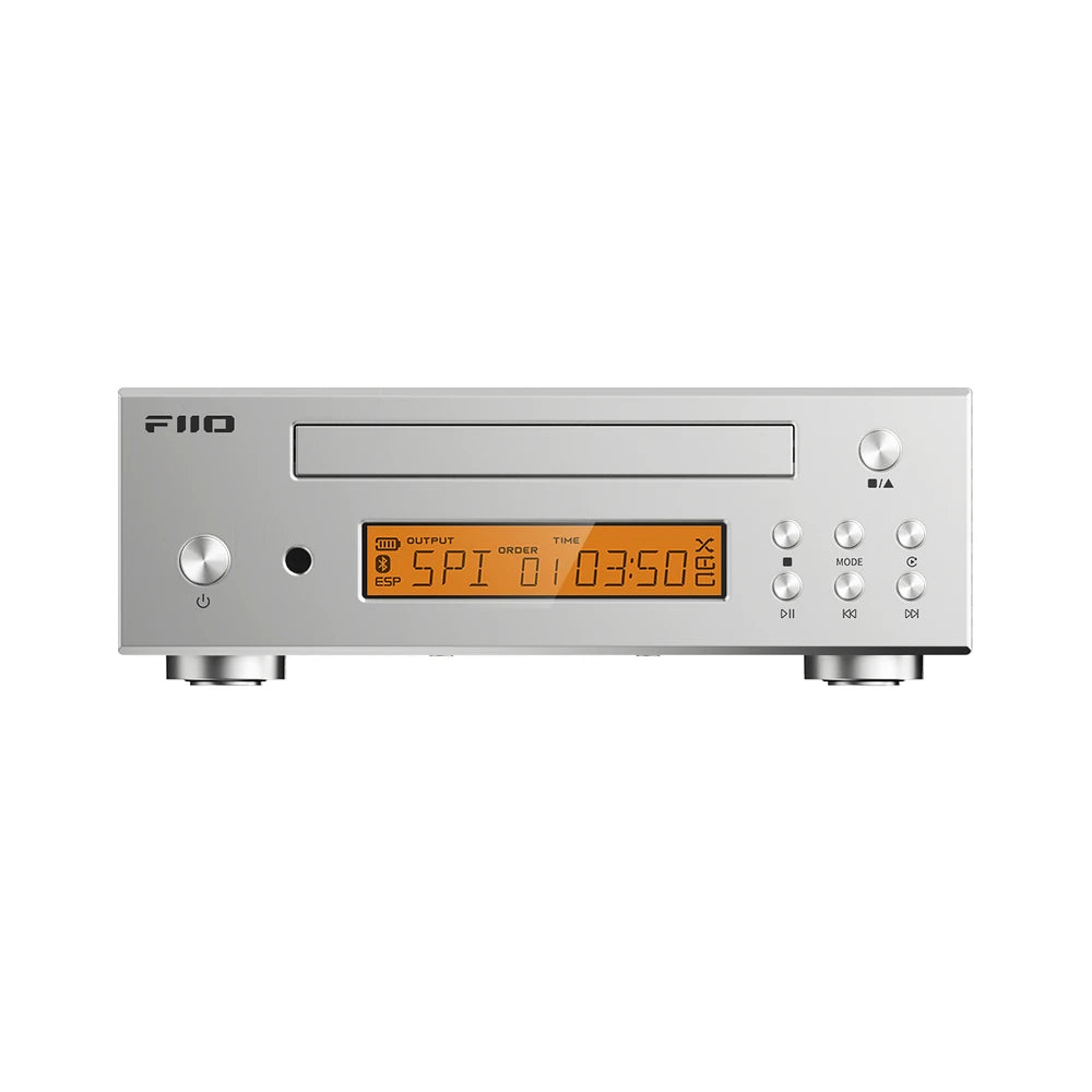 FiiO DP11 silver CD player front panel with LCD display and disc tray