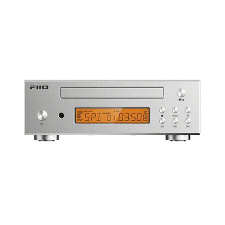 FiiO DP11 silver CD player front panel with LCD display and disc tray